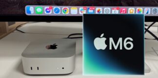 Mac mini Apple affichant une illustration de puce M6