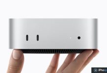 Mac mini : la puce M6 arrive, à partir de 1 049 € Mac mini argenté tenu entre les mains, avec ports visibles