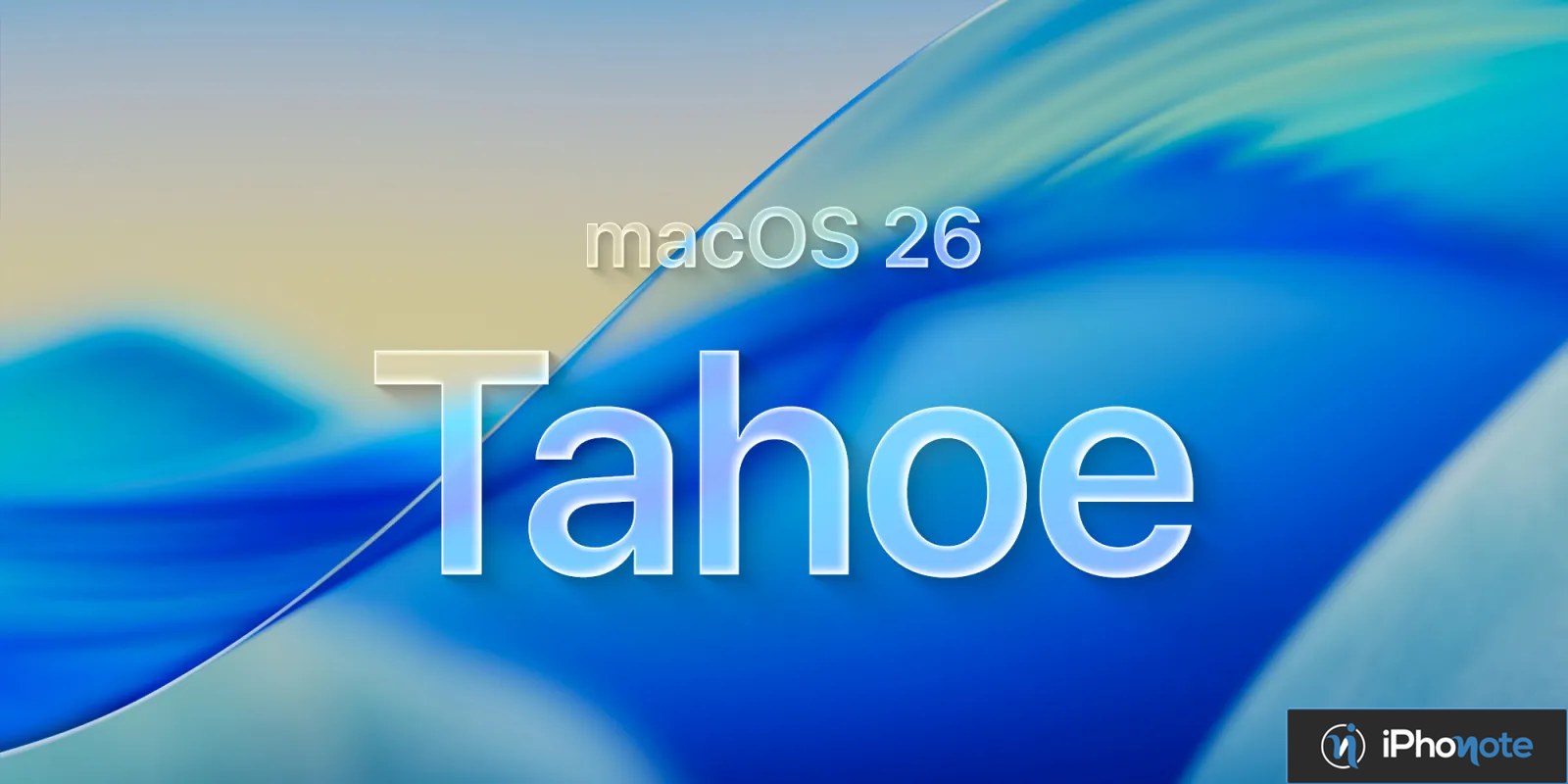 Illustration de macOS Tahoe 26 sur fond bleu abstrait