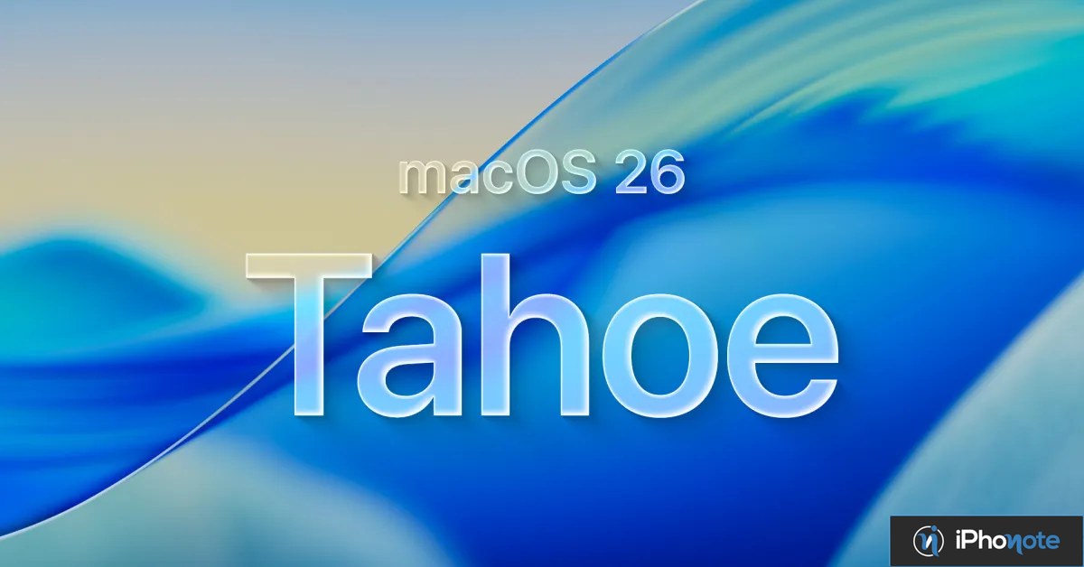 Illustration de macOS Tahoe 26 sur fond bleu abstrait