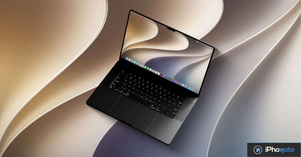 MacBook ouvert affichant le bureau macOS sur un fond abstrait