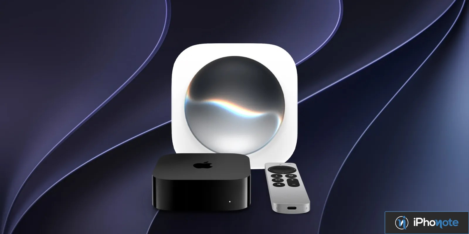 Apple TV 4K et sa télécommande devant une illustration de Siri