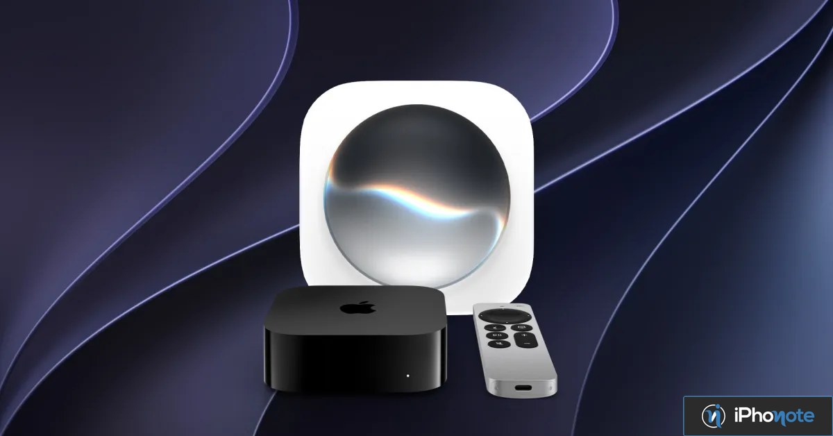 Apple TV 4K et sa télécommande devant une illustration de Siri