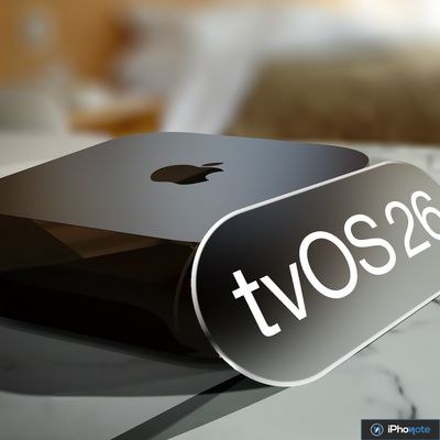 Apple TV noire accompagnée d’un visuel tvOS 26