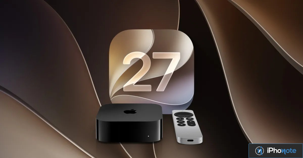 Apple TV 4K et télécommande devant l’icône de tvOS 27
