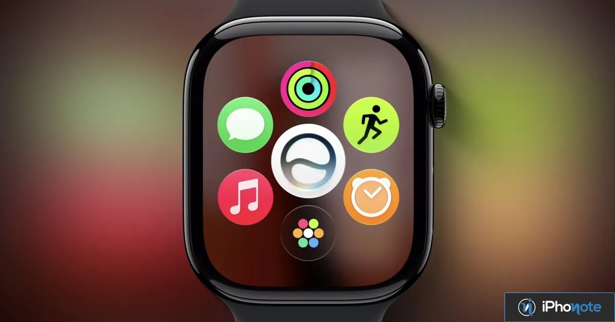 Rendu d’une Apple Watch affichant plusieurs icônes d’applications watchOS