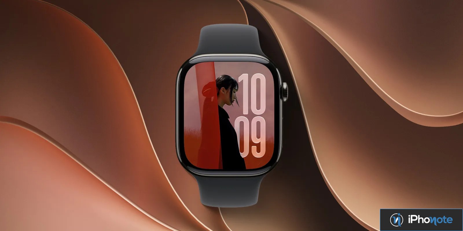 Apple Watch noire présentant un cadran photo aux grands chiffres