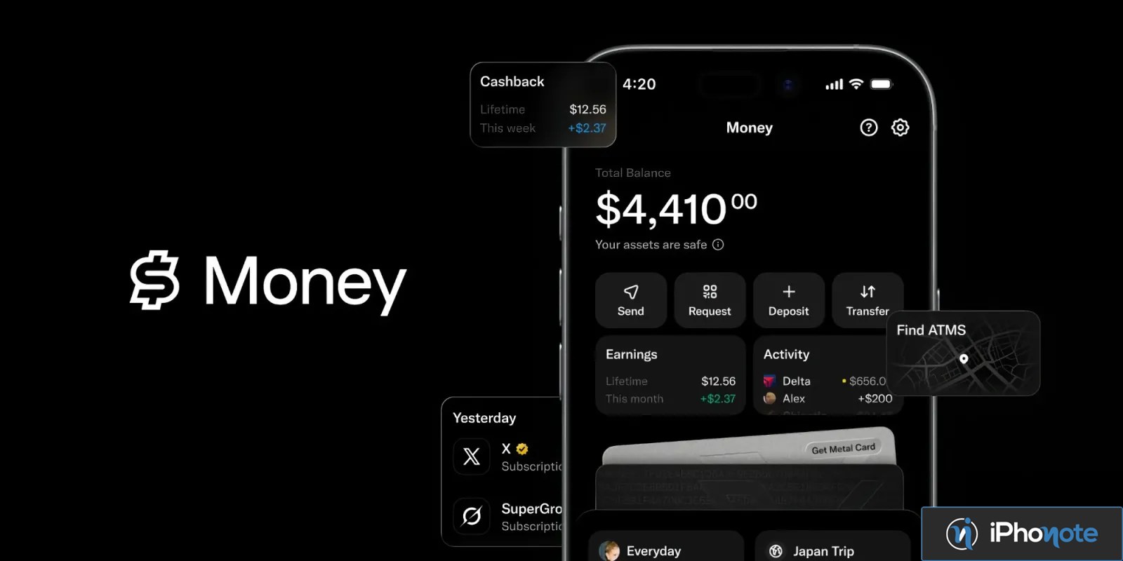 Rendu de l’application X Money avec solde, cashback et retrait ATM