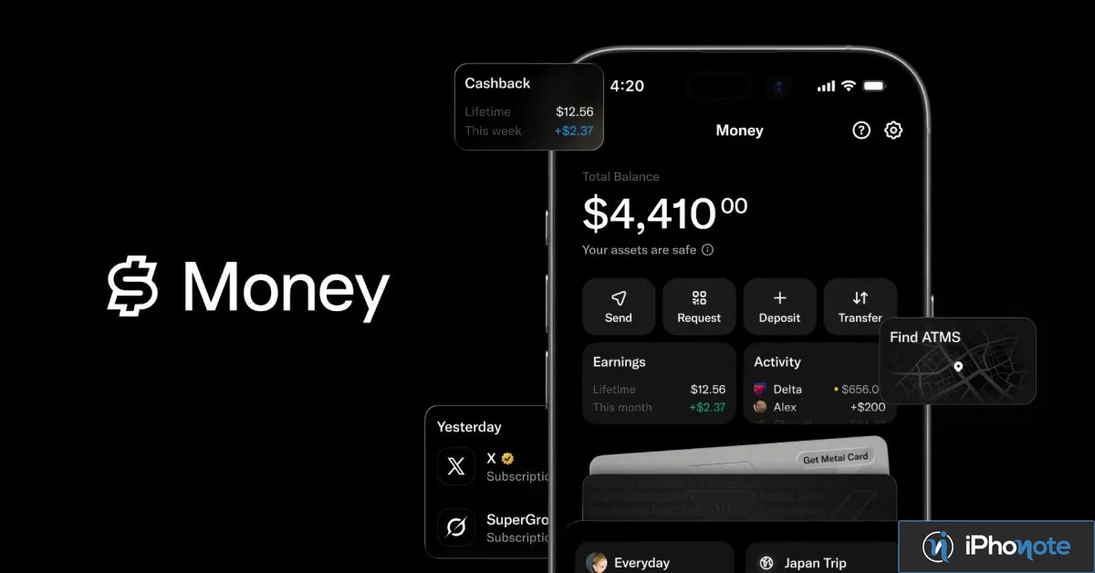 Rendu de X Money affichant un solde, des transactions et une carte bancaire